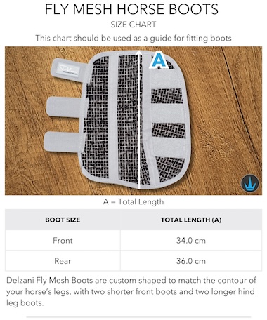 Delzani Fly Mesh Horse Boots Size Chart